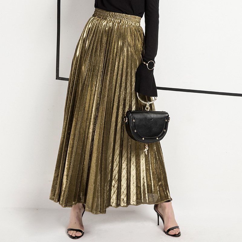 Spring Pleated Long Skirt, European and American Style, Plus Size, High Waist, Large Hem, Gold Pleated Skirt, Mid-Length Skirt, Beach Skirt for Women
