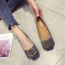 2021 spring new Korean version of small fragrant wind flat leather single shoes women shallow square head Joker evening shoes women size