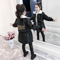 2021 new girls leather clothing autumn winter clothing foreign style coat large childrens medium length plus velvet padded jacket coat