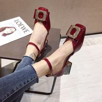 Baotou sandals 2021 new womens shoes spring heeled leather red high heel buckle hollow single shoes