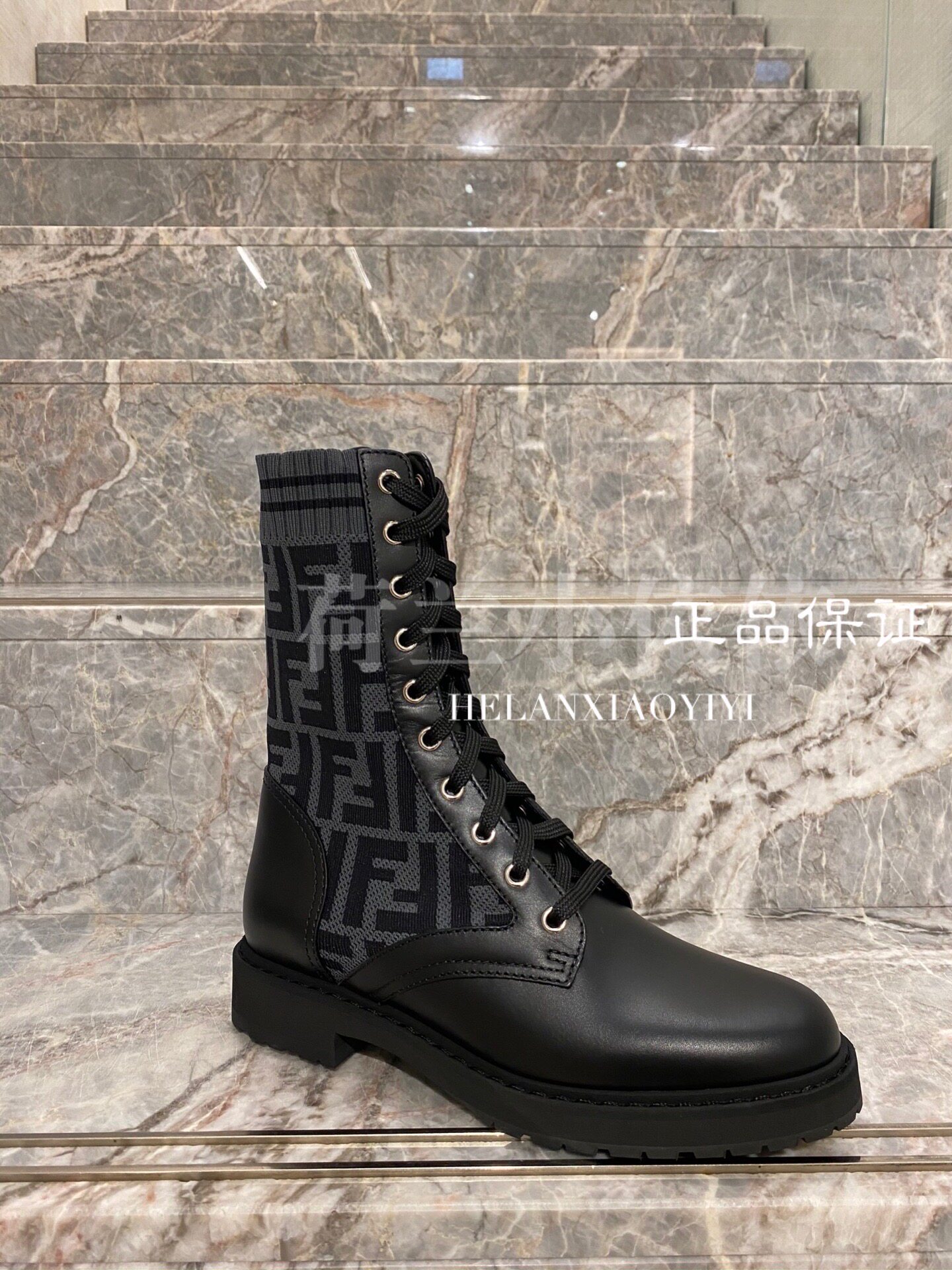 European FENDI Women's boot lacing locomotive boots FF Pattern knitted parquet 100 hitch 8T6780