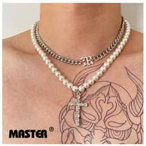 MASTER Wang Yimbo same European and American Joker Cross Haoshi Pearl Necklace Hip Hop Diamond Net Red Couple