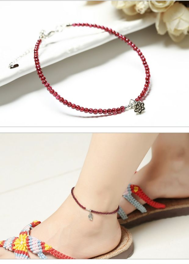 Rượu vang đỏ garnet vòng chân nữ trang sức pha lê nữ mùa hè năm nay handmade thời trang dệt dây đỏ vòng đeo chân nữ