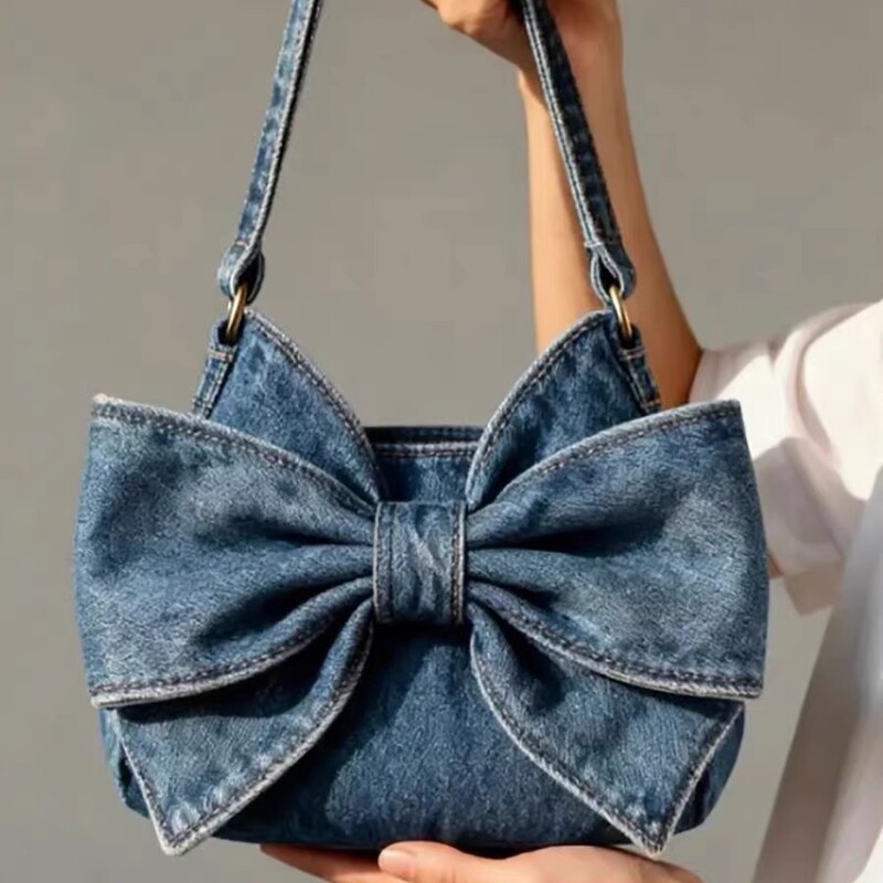 New Large-Capacity Retro Bow Denim Commuter Shoulder Bag, High-End Versatile Crossbody Bag for Women