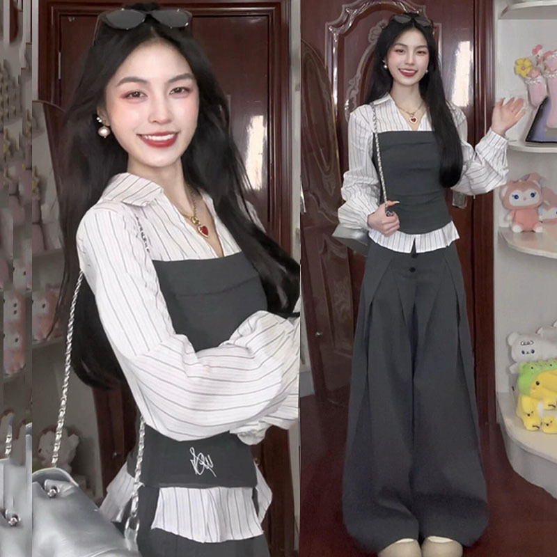 Spring Fake Two-Piece Shirt, Very Beautiful Early Spring Outfit, 2026 New Women's Korean Style Chic Complete Set for Spring and Autumn