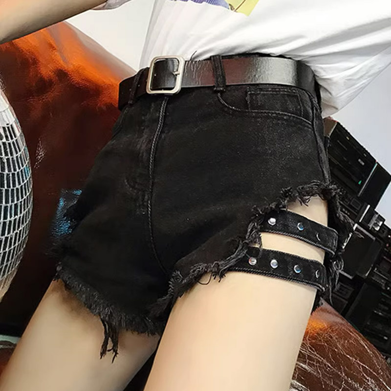 European and American Style Ripped Denim Shorts for Women, Summer 2026, High-Waisted, Slimming, Frayed Hem, Sequin Design, Sexy Hot Pants