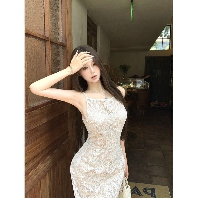 Pure and Elegant White Soft Lace Dress for Women, Summer Style with Built-In Bra Pads, Slim Fit, Bodycon Tank Dress