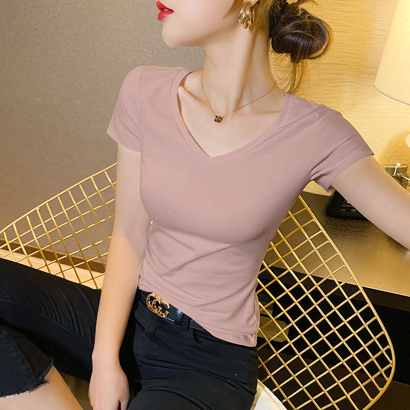 Modal Short-Sleeve T-Shirt for Women, V-Neck, Summer 2025 New Style, Regular Shoulder, Ice Silk, Thin, Low-Neck, Stylish, Slim-Fit Top