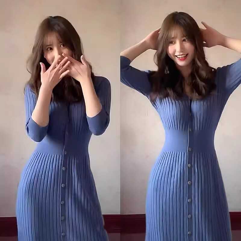 Tiktok Influencer Yili Xiaosha's Same Style Blue Knit Inner Layer Dress, Waist-Cinching, Slim-Fitting Spring Dress