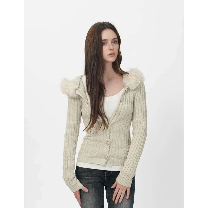 [in Stock for Immediate Delivery] Jim Kennet Fur Collar Twist Knit Slim-Fit Button Sweater Slimming Knit Cardigan