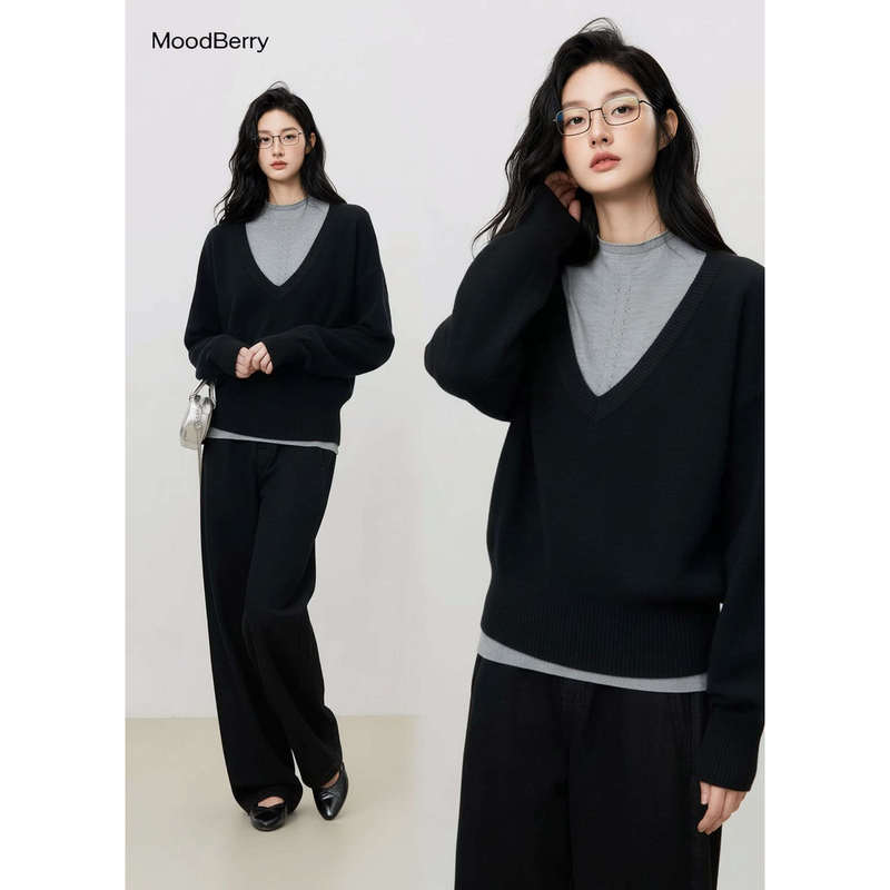 Moodbery American Retro Pure Color Loose V Neck Sweater Women's Autumn and Winter Slim Knitted Cut Out Vest Two-Piece Set Moodbery American Retro Pure Color Loose V Neck Sweater Women's Autumn and Winter Slim Knitted Cut Out Vest Two-Piece Set