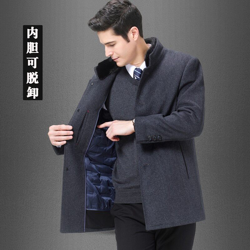 Stand-up collar wool coat men's medium and long version of velvet thickened wool coat Dad middle-aged men's tunic trench coat