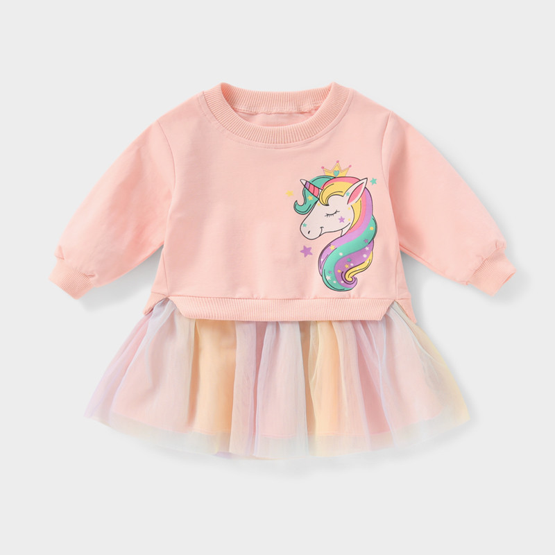 Girls' Long-Sleeved Dress, Spring and Autumn Style, Kidsren's Unicorn Print Spliced Mesh Skirt, 2022 New Autumn Sweatshirt Dress