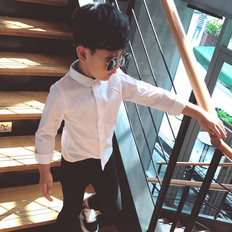 Children's white shirt long-sleeved short-sleeved boys solid color cotton shirt 2022 spring and autumn
