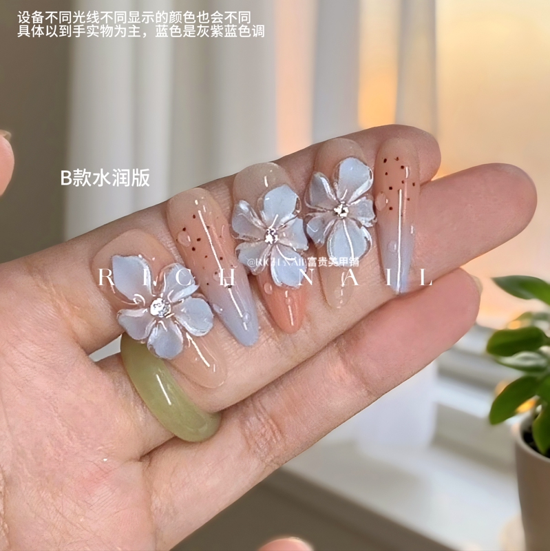 Pink and Blue Contrasting Color Handmade Three-Dimensional Carved Wearable Nails, Moisturizing Gradient Holiday Style Long Pointed Manicure Pink and Blue Contrasting Color Handmade Three-Dimensional Carved Wearable Nails, Moisturizing Gradient Holiday Style Long Pointed Manicure