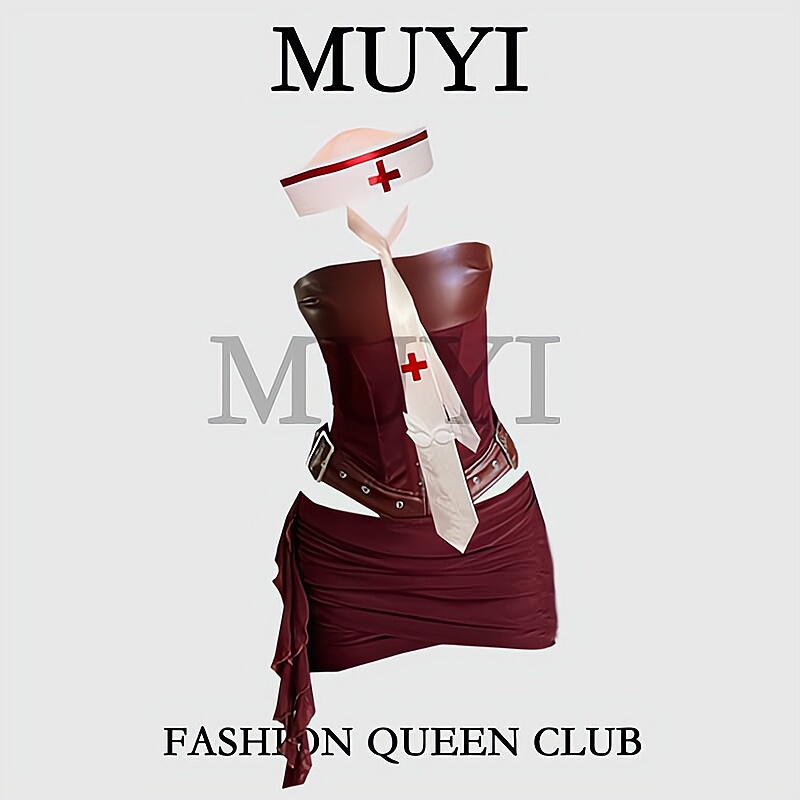 Muyi Original Christmas Cosplay Complete Outfit Bar Gogo Sexy Nurse Costume Burgundy Performance Outfit for Women