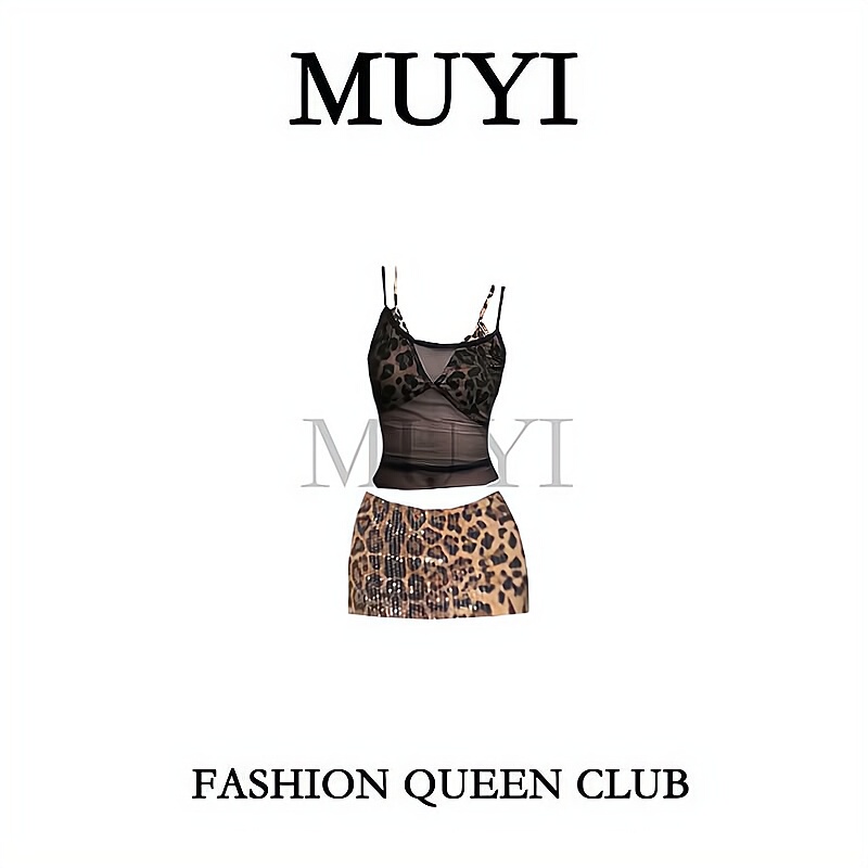 Muyi Original Bar Style Black Mesh Layered Camisole Dress for Women Summer 2026 Hot Girl Sequin Leopard Print Bodycon Dress