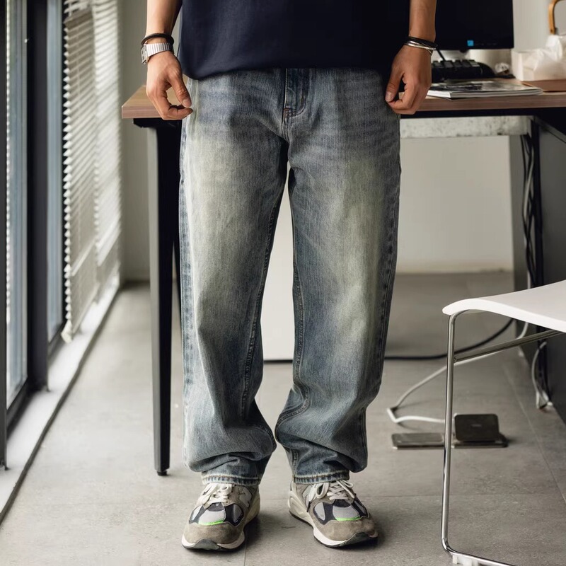 Boss Recommends Autumn and Winter Vintage Loose Fit Slightly Tapered Straight-Leg Selvedge Denim Versatile Jeans for Men Casual Pants