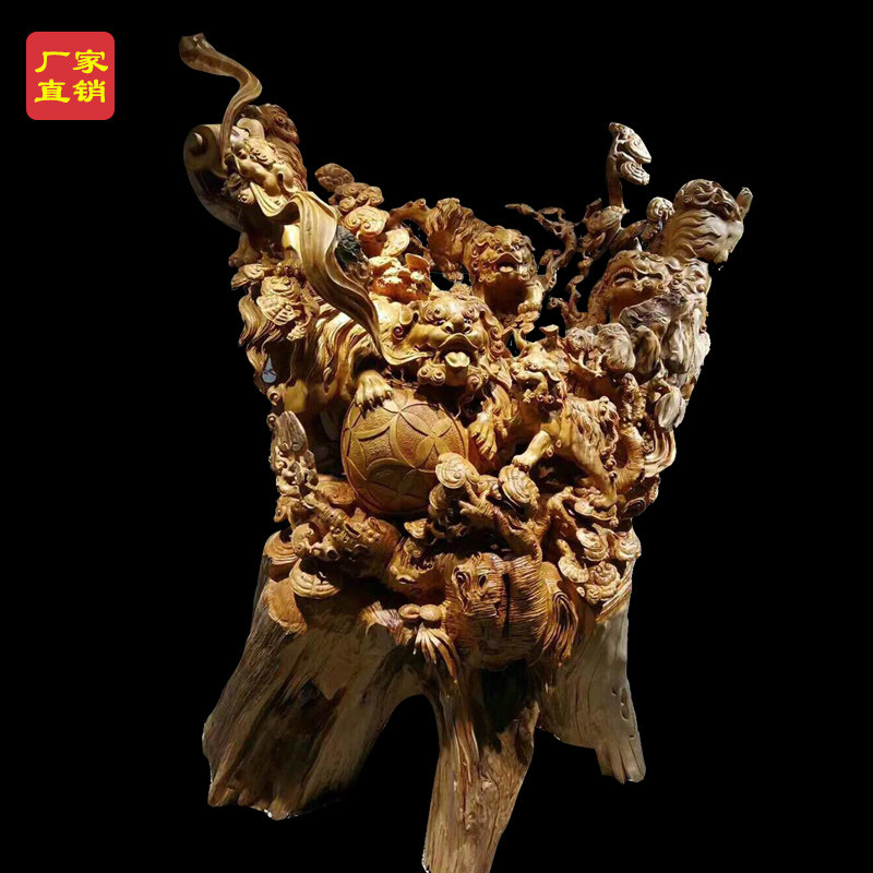 Wood carved Buddha statue gloomy wood gold silk Nan landscape handicraft Maitreya Buddha natural root art cliff cypress fine root carving ornaments