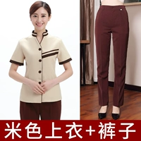 XS-Новинка бежевого цвета с V-образным вырезом и двумя полосками для чистки, с короткими рукавами + брюки в тон