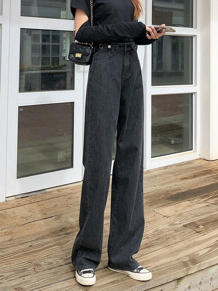 Loose wide leg Slim Black Grey High Waist Jeans Women 2022 New Straight Drum Chic Tide Pants Summer Thin