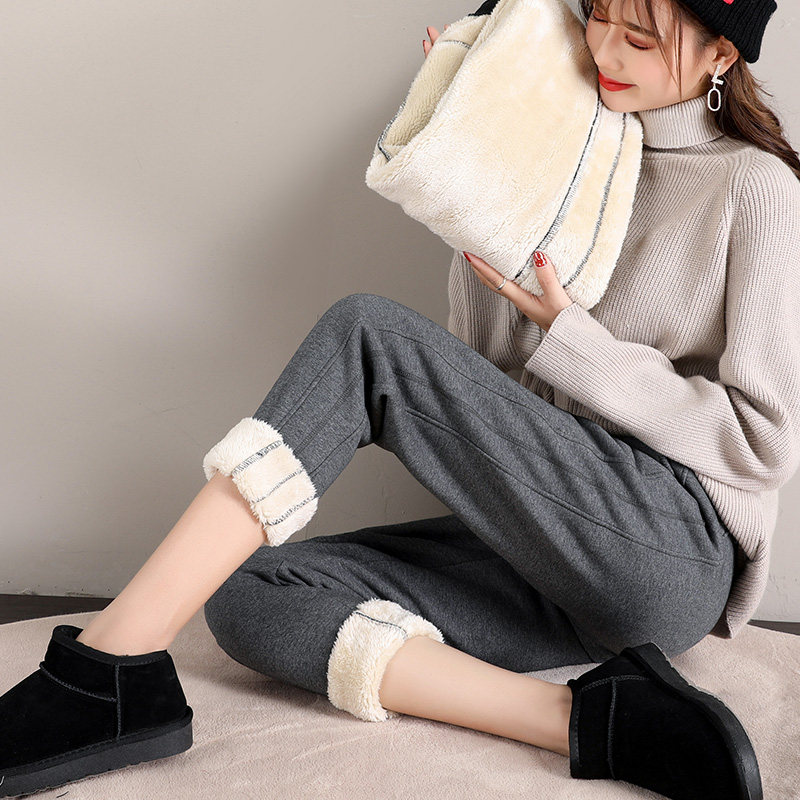 Fleece sweatpants women's autumn and winter lamb velvet thickened loose outerwear cotton trousers harem trousers lengthened casual trousers