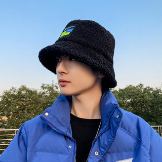 Lamb Wool Fisherman Hat for Men, Versatile Trendy Brand for Autumn and Winter, Fleece-Lined, Thickened, Warm and Cold-Proof, Plush Hat for Men and Women