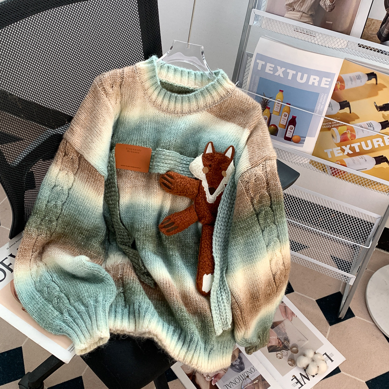 Gradient Color Striped Design Melard Fox Fur Sweater for Women, 2024 Autumn and Winter New Style, Retro Loose and Lazy Style