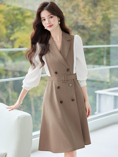 Shirt Splicing Fake Two-Piece Dress for Women 2025 New Spring Celebrity Small Fragrance Style High-End Belt Skirt