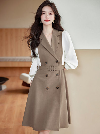 Shirt Splicing Fake Two-Piece Dress for Women 2025 New Spring Celebrity Small Fragrance Style High-End Belt Skirt