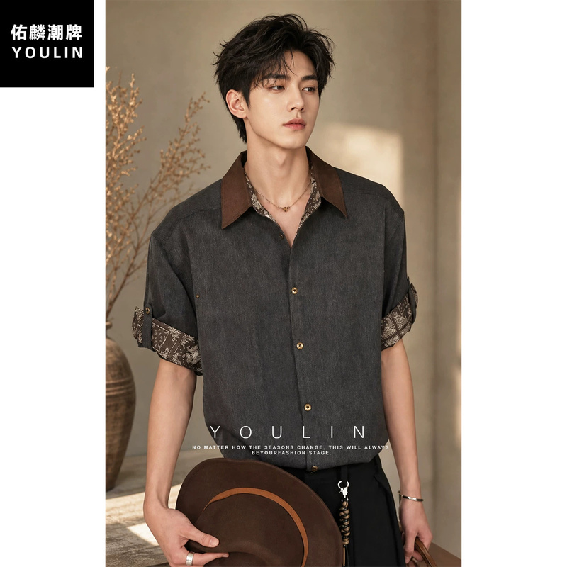 Fake Two-Piece Ice Silk Denim Shirt for Men, Summer Old Money Style Outfit, Short-Sleeved Shirt, High-End American Retro Jacket Fake Two-Piece Ice Silk Denim Shirt for Men, Summer Old Money Style Outfit, Short-Sleeved Shirt, High-End American Retro Jacket