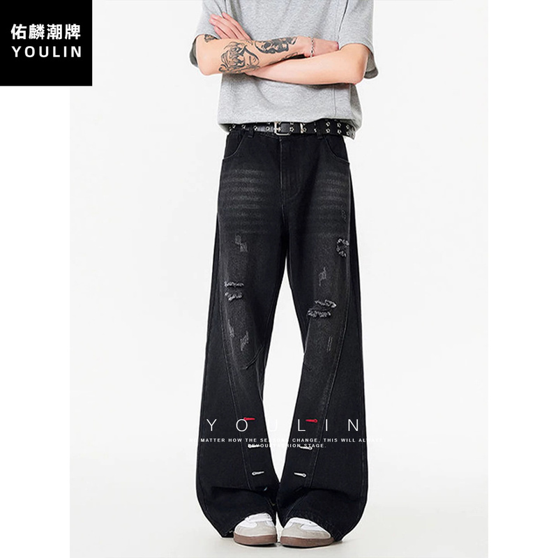 American-Style Diagonal Cut Ripped Jeans for Men, Summer Thin Embroidered Design Pants, Slim Fit, Straight-Leg, Slightly Flared Pants