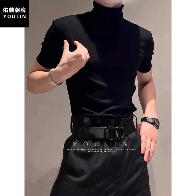Black Slim-Fit Waist-Cinching Half-High Collar Short-Sleeve T-Shirt, Summer British Style, Casual Men's Fitness Fitted Cuff Bottoming Shirt