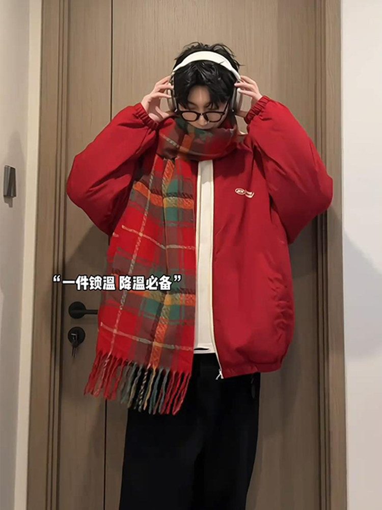 Christmas Red Reversible down Jacket for Men, Winter American High Street Style, Stand Collar, Double-Sided Cotton Coat, Couple's Jacket