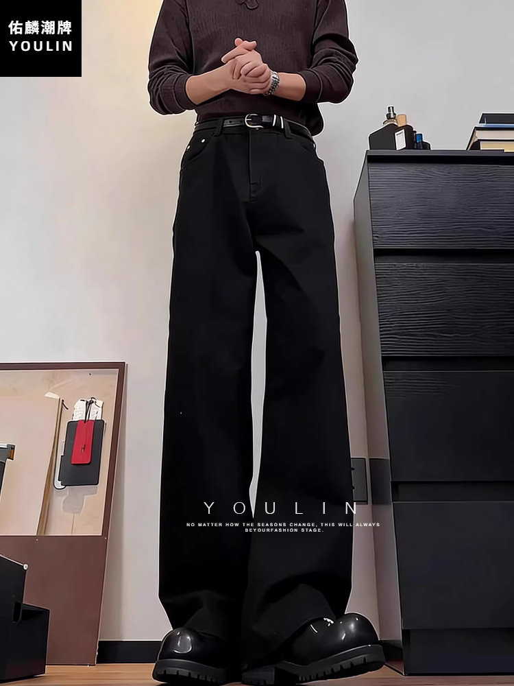 Black Straight-Leg Jeans for Men, Autumn and Winter, Tall, Fleece-Lined, Extra-Long Pants, American High Street Style, Non-Tight Fit, Slightly Flared Pants