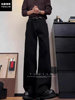 Black Straight-Leg Jeans for Men, Autumn and Winter, Tall, Fleece-Lined, Extra-Long Pants, American High Street Style, Non-Tight Fit, Slightly Flared Pants