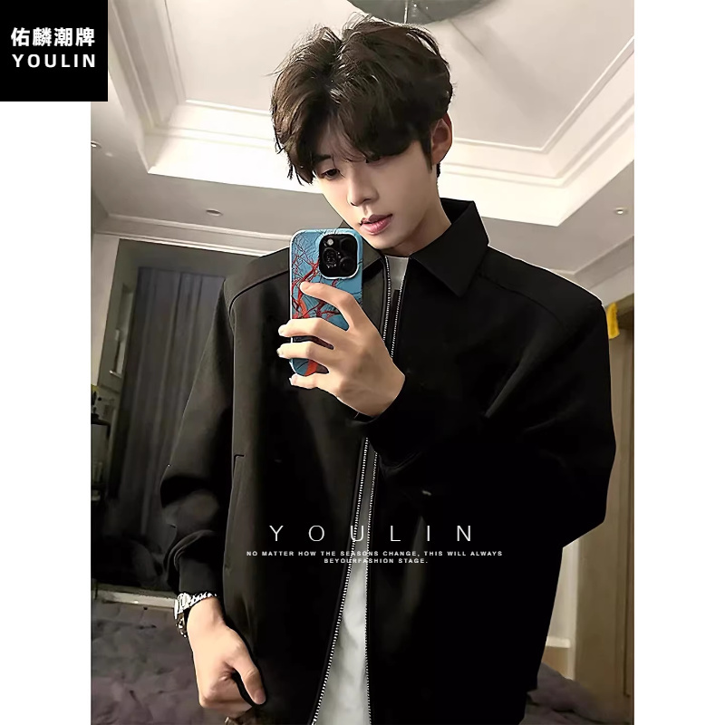 Black Short Padded Shoulder Jacket for Men, Spring and Autumn, High-End Lapel Executive Jacket, Cleanfit American Baseball Uniform