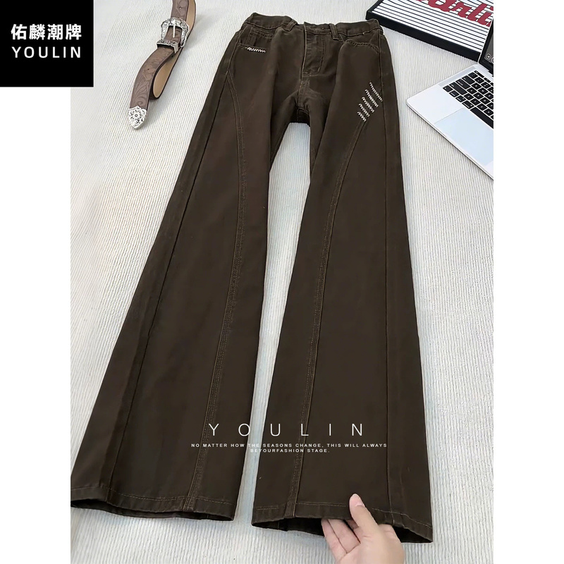Coffee-Colored Washed Pure Cotton Diagonal-Cut Jeans for Men, Summer Embroidered Work Pants, American Retro Straight-Leg Flared Pants Coffee-Colored Washed Pure Cotton Diagonal-Cut Jeans for Men, Summer Embroidered Work Pants, American Retro Straight-Leg Flared Pants