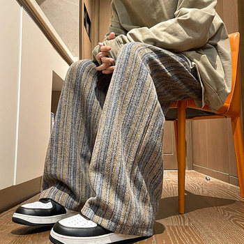 Tweed Style Striped Woolen Pants for Men, Fleece-Lined, American Retro Straight-Leg Wide-Leg Pants, Melard Loose Drape Long Pants