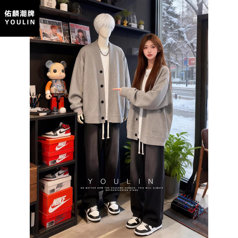 Gray Waffle Knit Cardigan Jacket for Men, Autumn and Spring, High-End V-Neck Jacket, Retro Lazy Style Casual Top Gray Waffle Knit Cardigan Jacket for Men, Autumn and Spring, High-End V-Neck Jacket, Retro Lazy Style Casual Top
