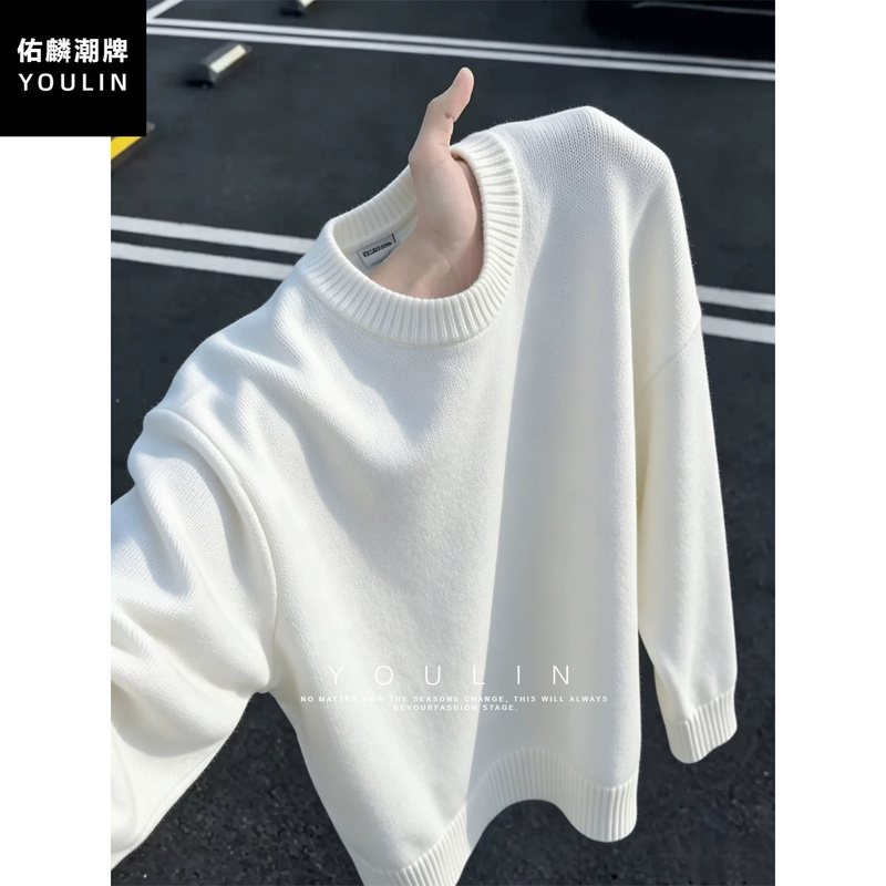 White American-Style Crew Neck Sweater for Men, Autumn and Winter, Casual and Relaxed Knit Pullover, Cleanfit Inner Layer Base Shirt