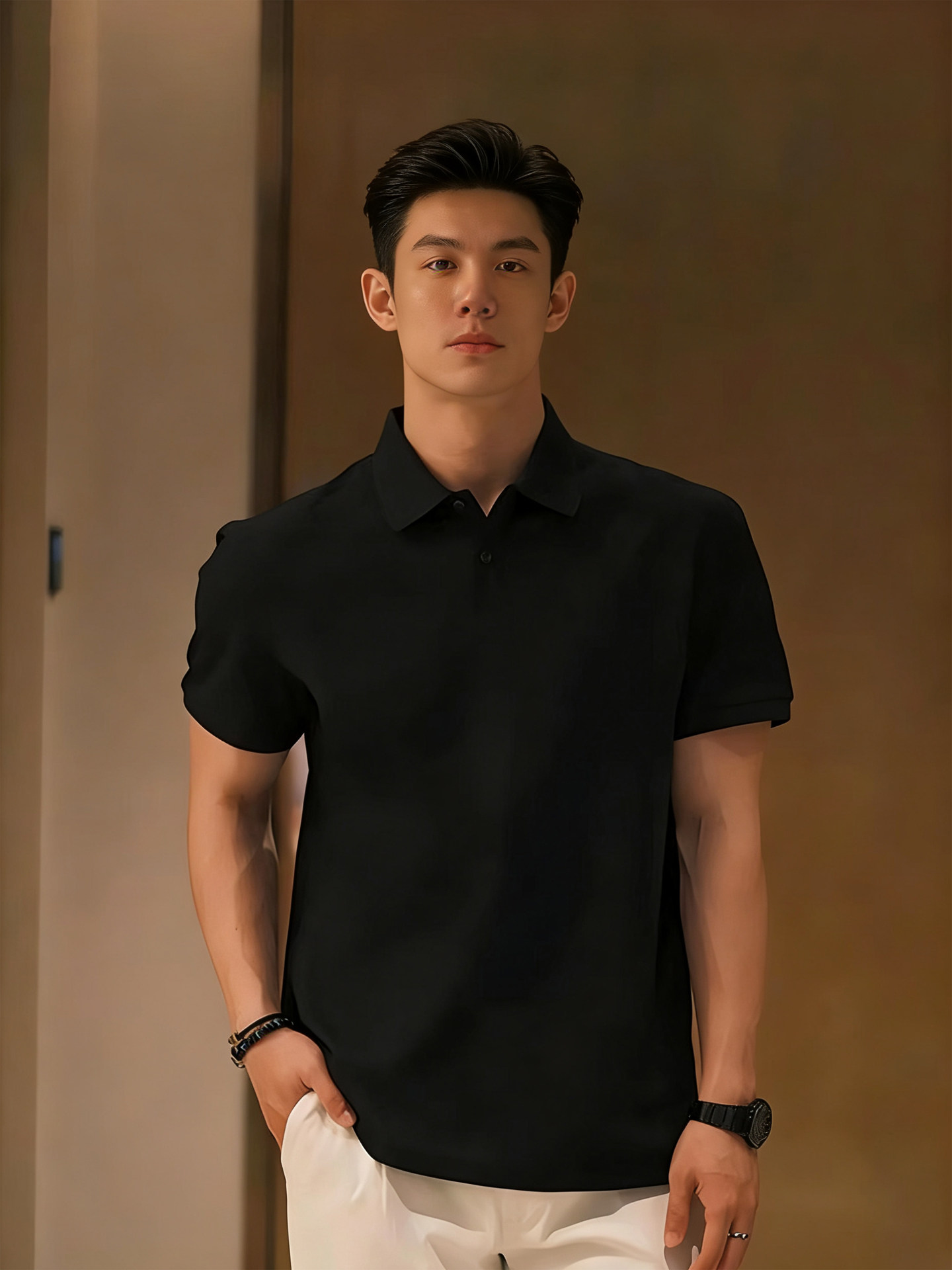 Black Short-Sleeved Men's Polo Shirt, Summer Style, Cool and Mature, Mature and Stable Men's Clothing, Heavy-Duty Lapel, Regular Shoulder T-Shirt