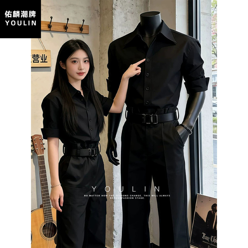 British Style Black Shirt for Men, Summer Thin High-End Style, Cool and Handsome American Style, Straight Shoulder, Husband-Like Look, Long-Sleeved Shirt