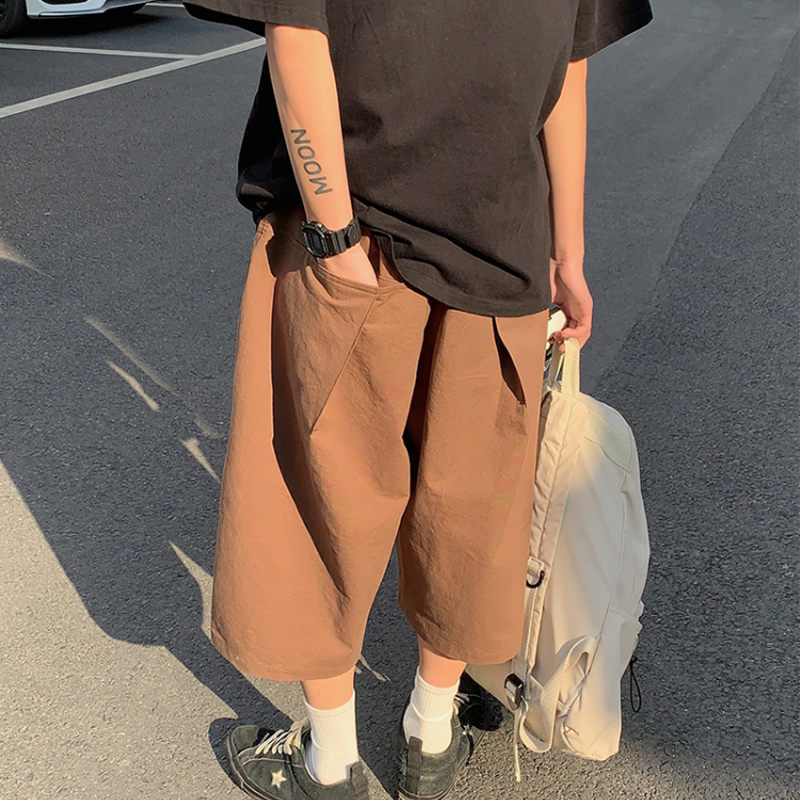 Japanese retro cityboy overalls shorts female vintage straight cropped pants coffee color pants high street tide ins