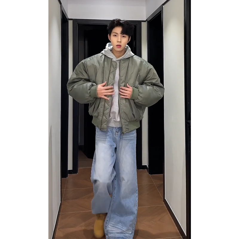 Military Green Bomber Jacket for Men, Spring and Autumn Trendy American Baseball Jacket, Bomber Silhouette Short Cotton Jacket