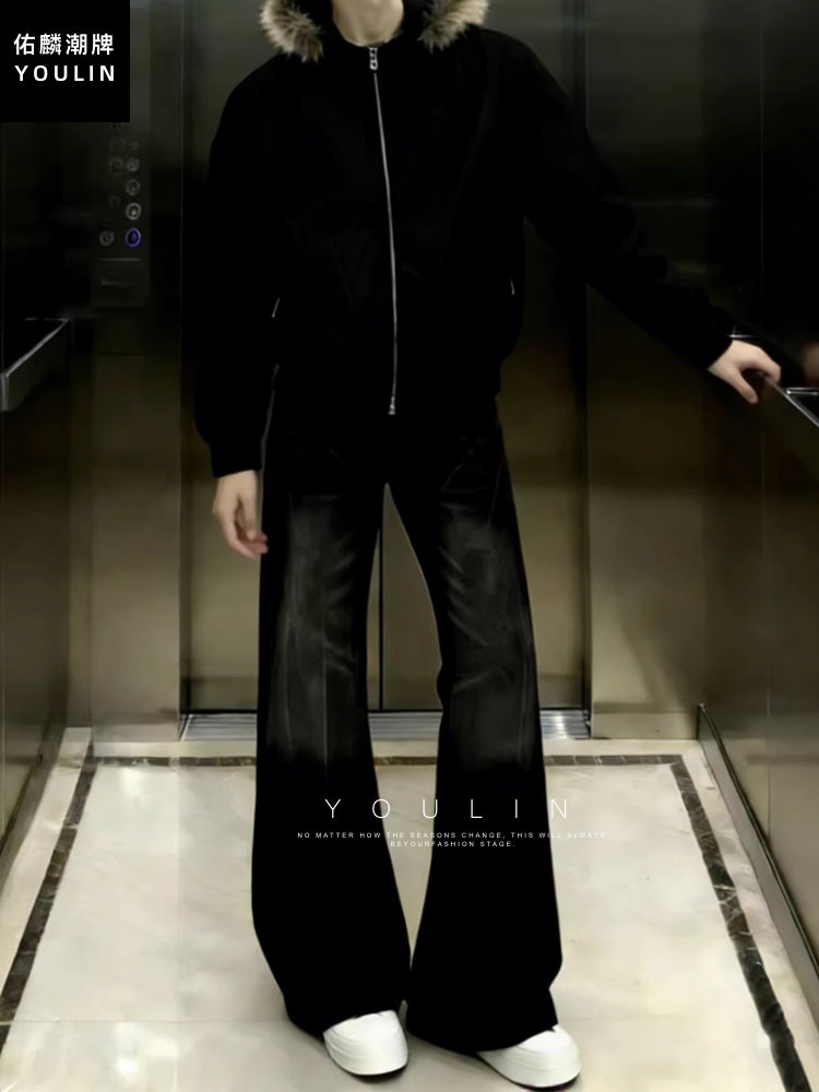 Cleanfit Washed Black Flared Jeans for Men, American Retro Vibe Scimitar Pants, Slimming Wide-Leg Pants