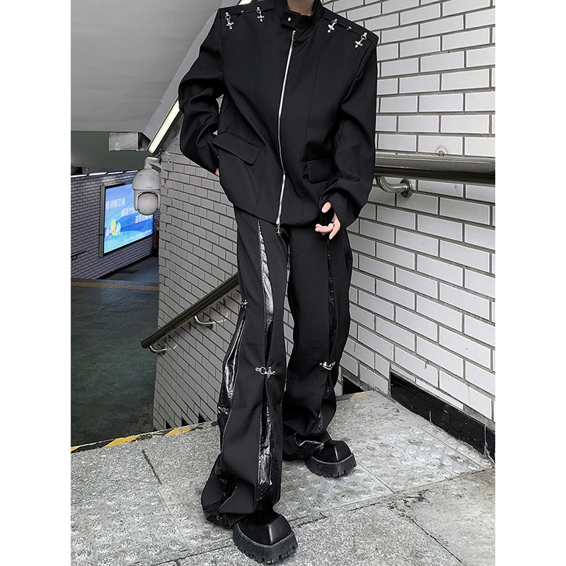 Metal Splicing Deconstructed Dress Pants with a Draping Feel, High-End Splicing Pu Leather Pants for Men, High Street American Hip-Hop Straight-Leg Pants