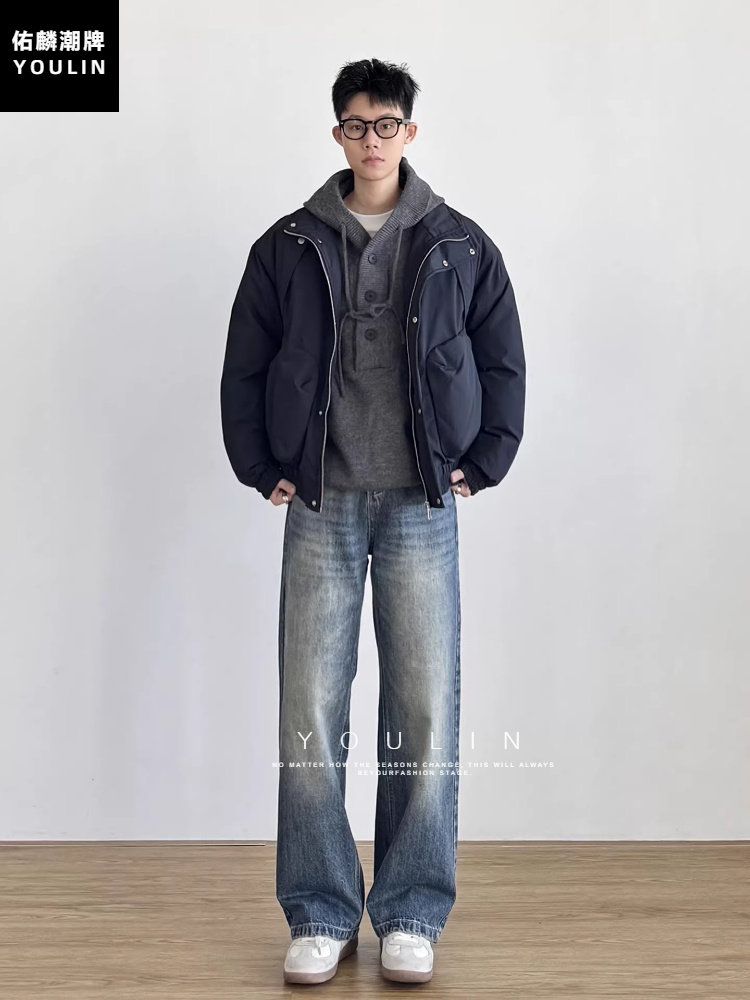 American Retro Blue Straight-Leg Jeans for Men, Autumn and Winter Cleanfit Loose Wide-Leg Pants, Slimming Scimitar Pants