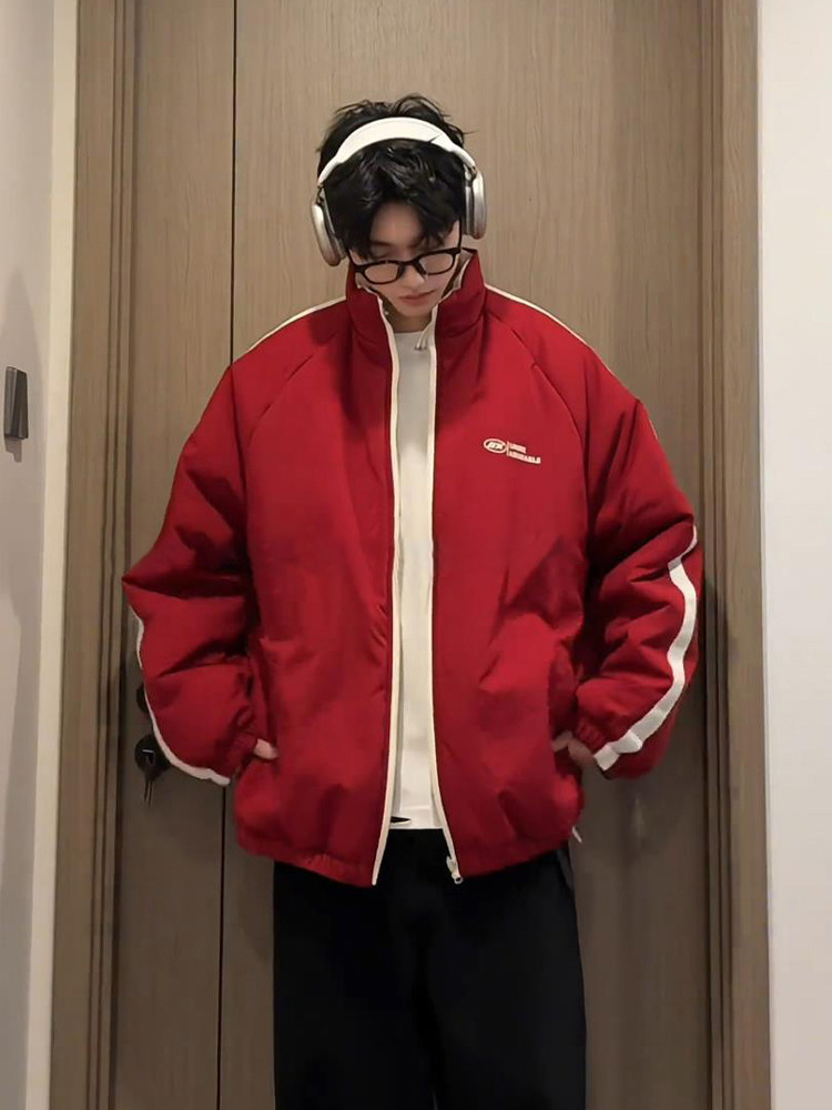 Christmas Red Reversible down Jacket for Men, Winter American High Street Style, Stand Collar, Double-Sided Cotton Coat, Couple's Jacket