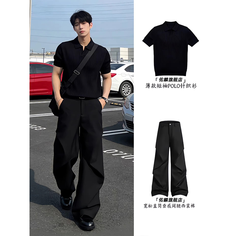 Men's Summer Outfit with a Black Knit Short-Sleeve Polo Shirt in a Classic Style, Paired with a Complete Set